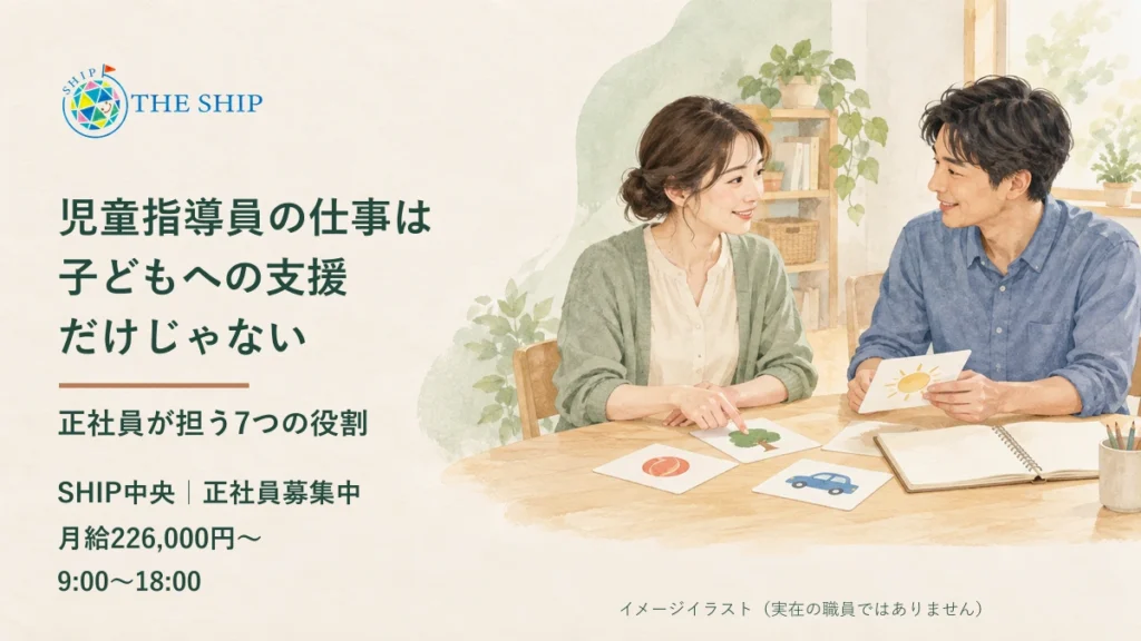 児童指導員の仕事は子どもへの支援だけじゃない。正社員が担う7つの役割。SHIP中央、月給226,000円〜・9:00〜18:00。支援を相談する場面のイメージイラスト。