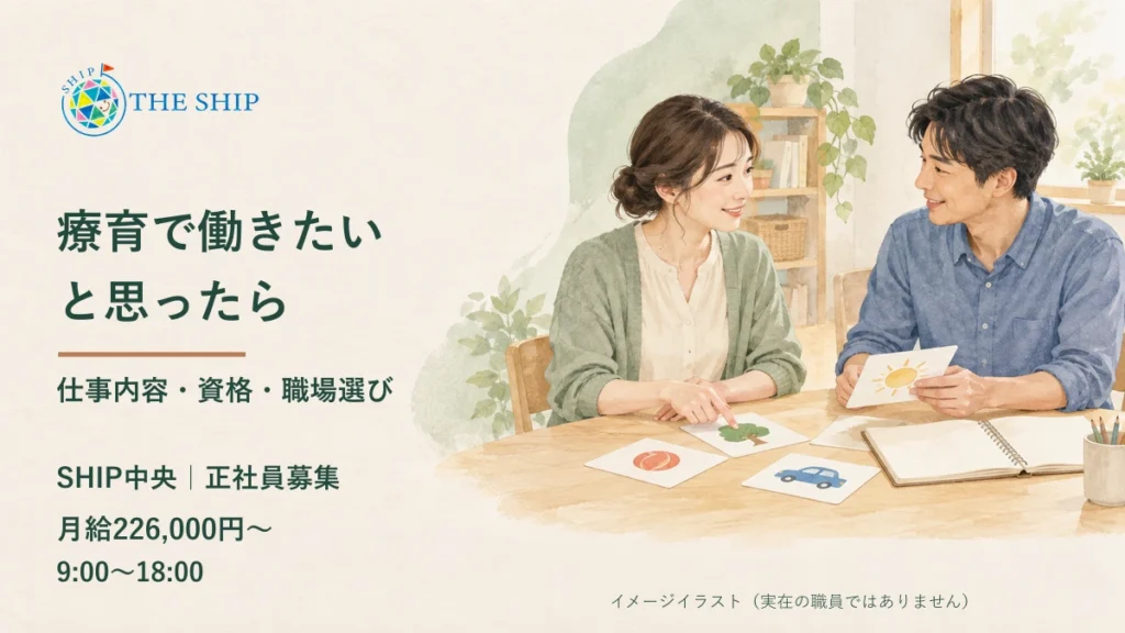 療育で働きたいと思ったら。仕事内容・資格・職場選び。SHIP中央の正社員募集、9:00〜18:00・月給226,000円〜。